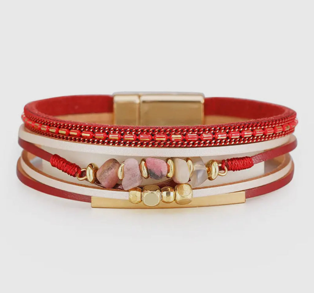 Red Bohemian  Natural Gravel & Leather Woven Bracelet