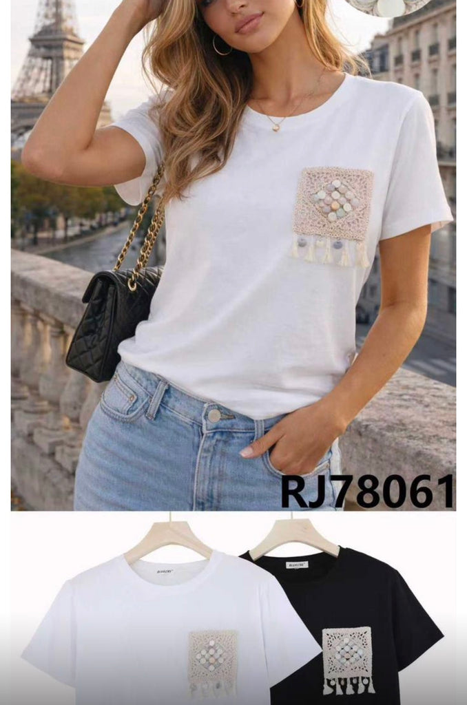 Crochet Fringe Pocket Tshirt White/Black