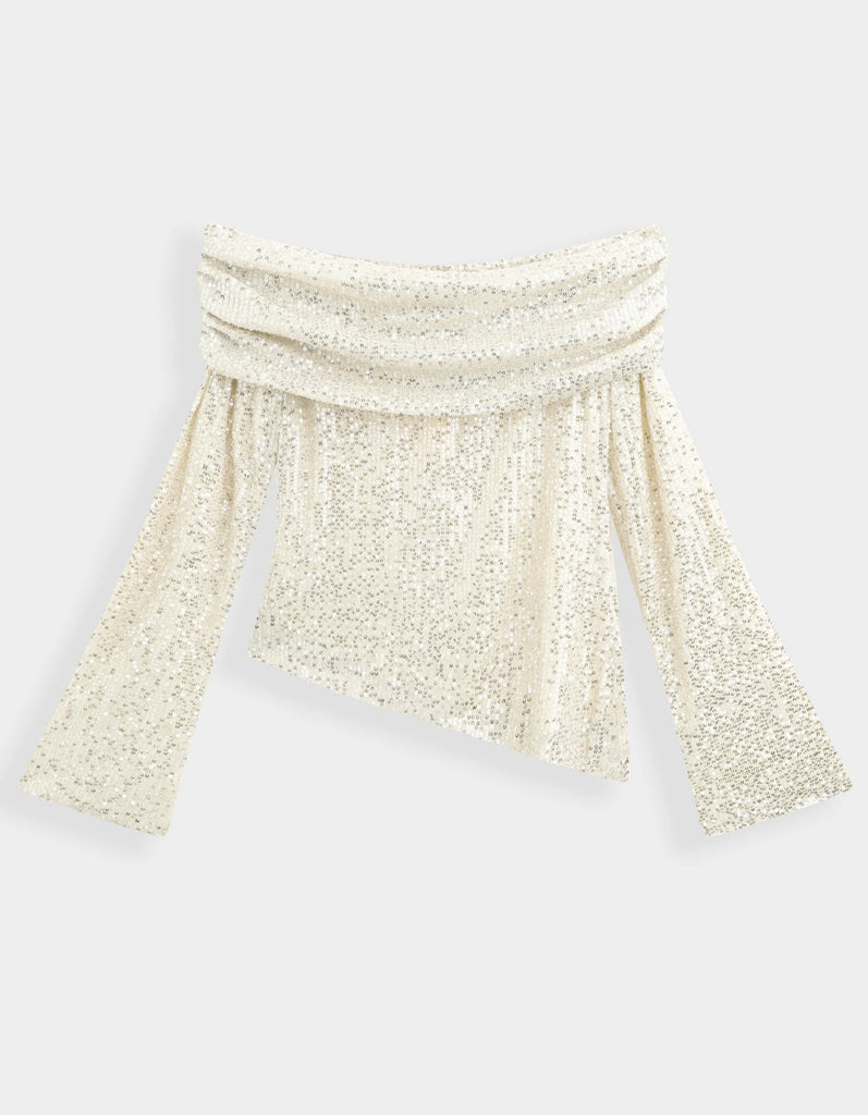 BEIGE ASYMMETRICAL SEQUIN TOP WITH BARDOT NECKLINE