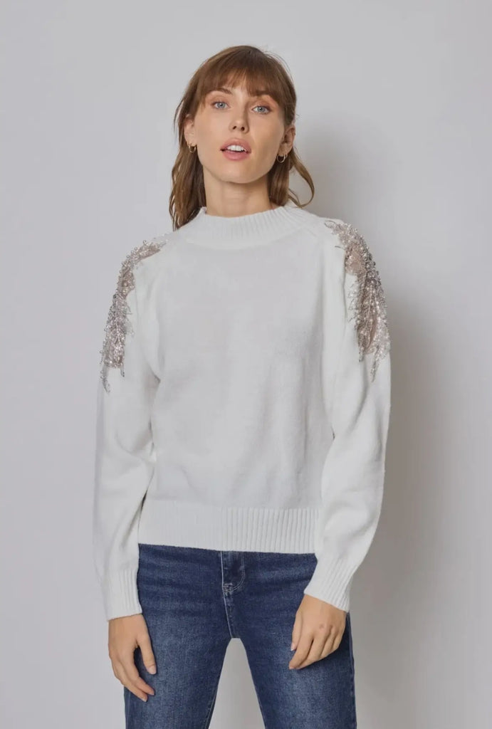 Winter White Pearl Embroidered Shoulder Sweater