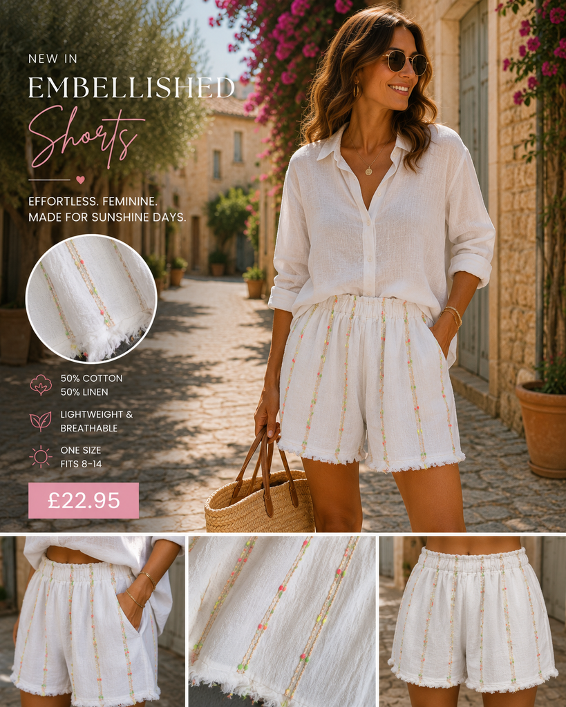 Embellished Linen Blend Frayed Hem Shorts: White