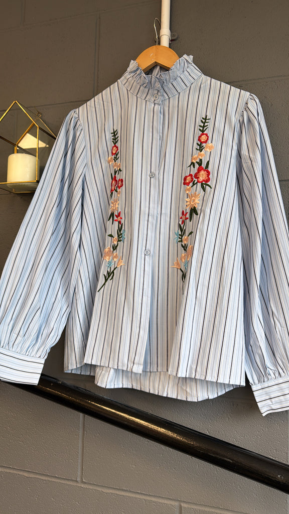 Blue Striped Floral Embroidered Blouse RRP £45