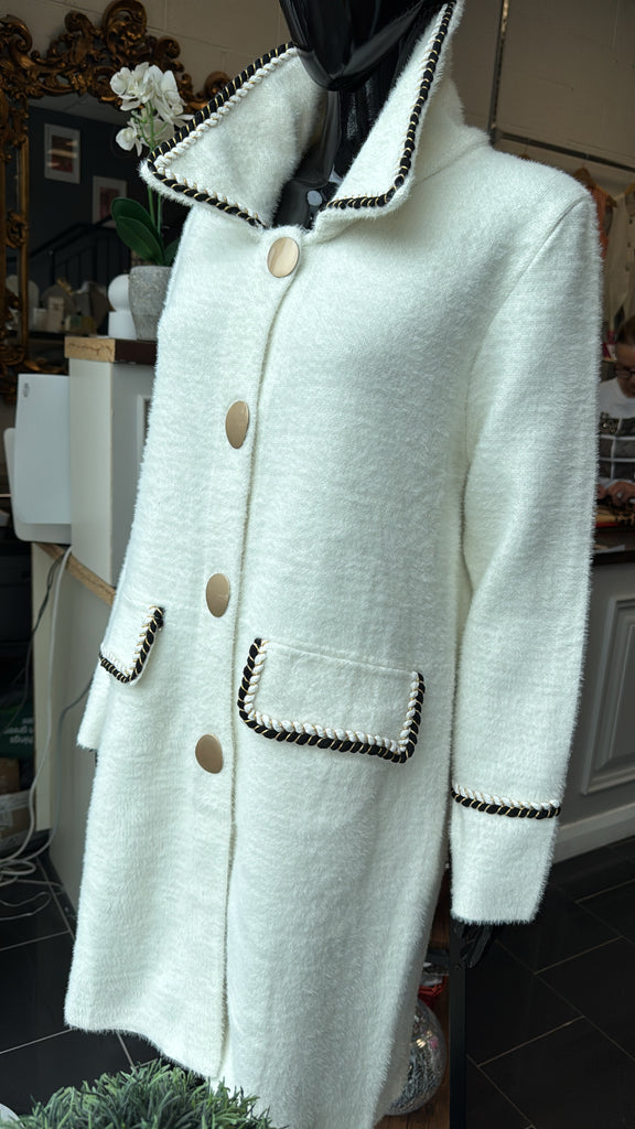 Cream Textured Oversized Coat with Contrast Trim