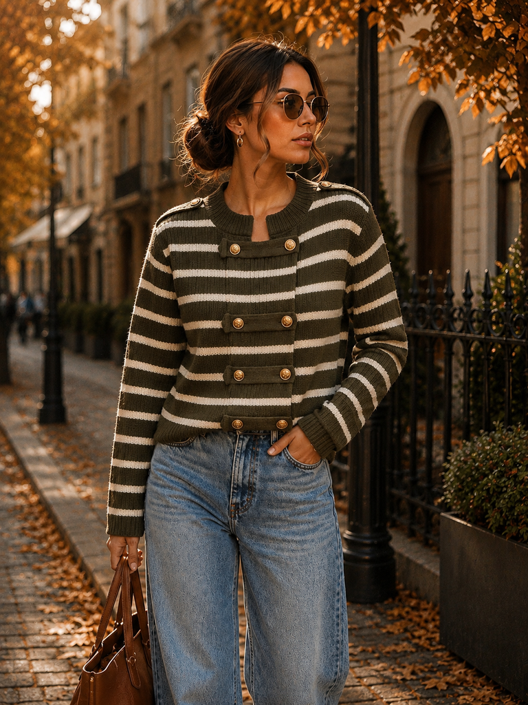 Khaki Striped Sweater with Gold Detailing