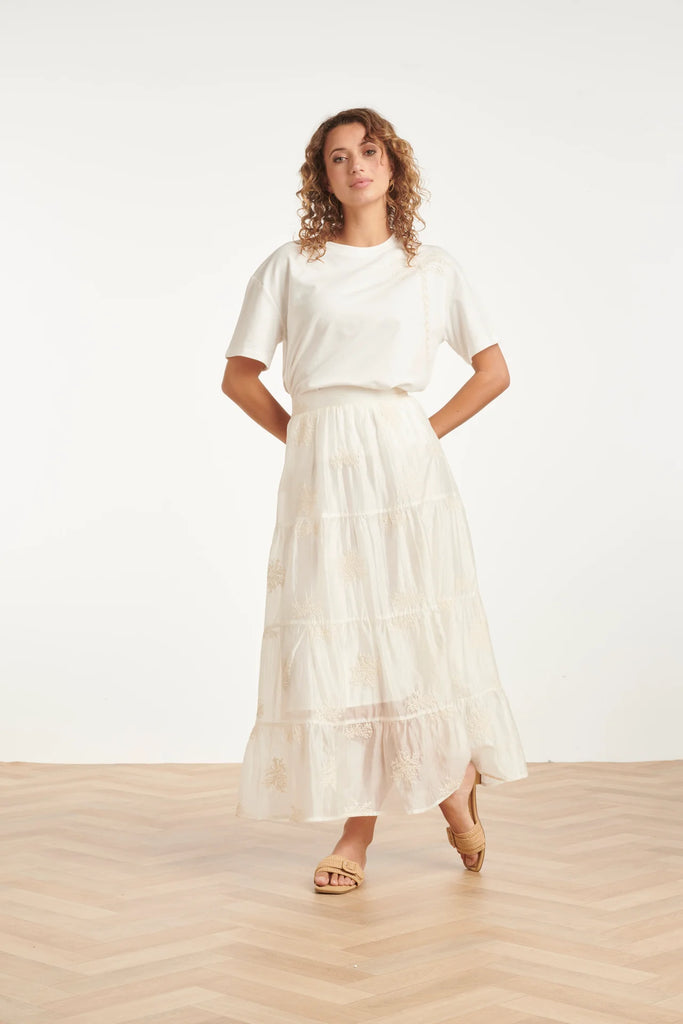 SWIVEL MAXI SKIRT WITH EMBROIDERED PRINT AND STRIPS | OFF WHITE