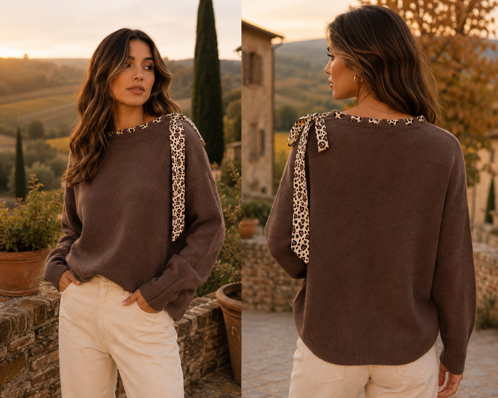 Leopard Bow Chocolate Sweater Frenchman / One size