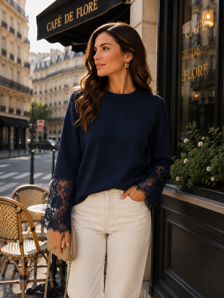 Navy Lace Cuff Knit Top