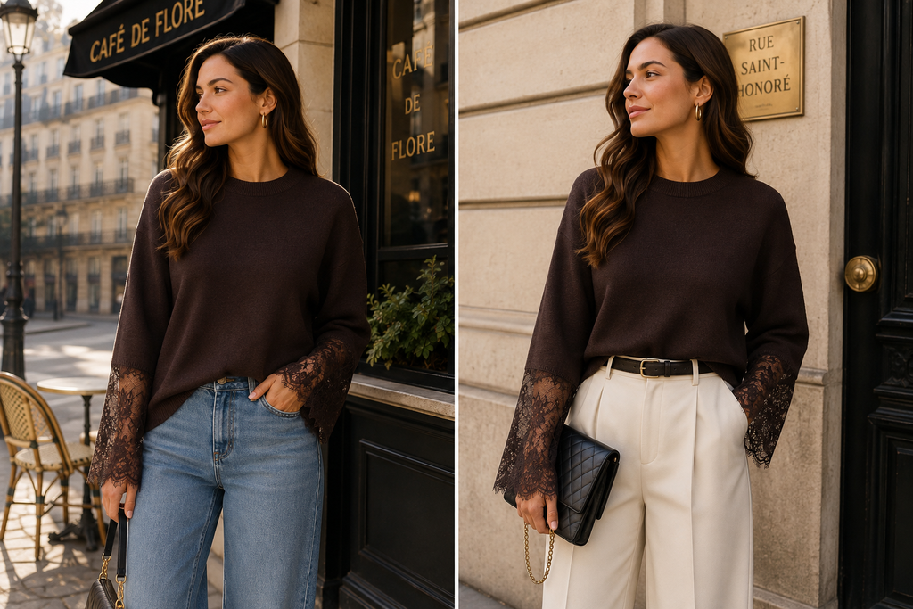 Chocolate Lace Cuff Soft Knit Top