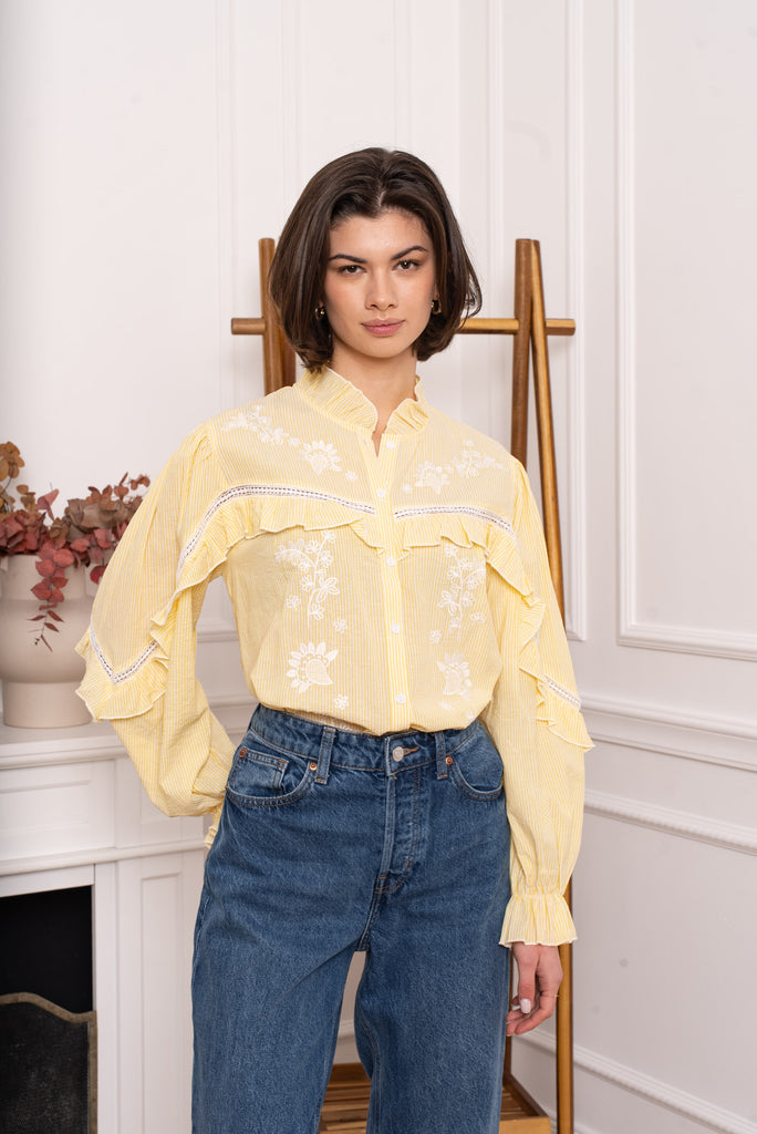 Lemon Embroidered Striped Blouse