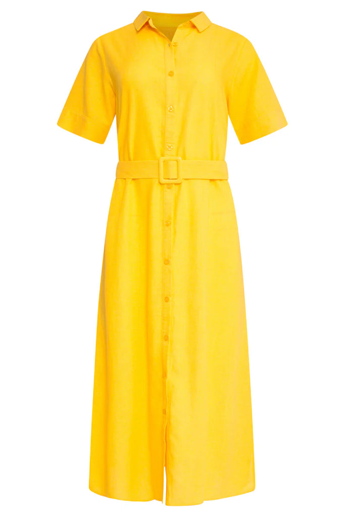 LINEN MIDI SHIRT DRESS YELLOW