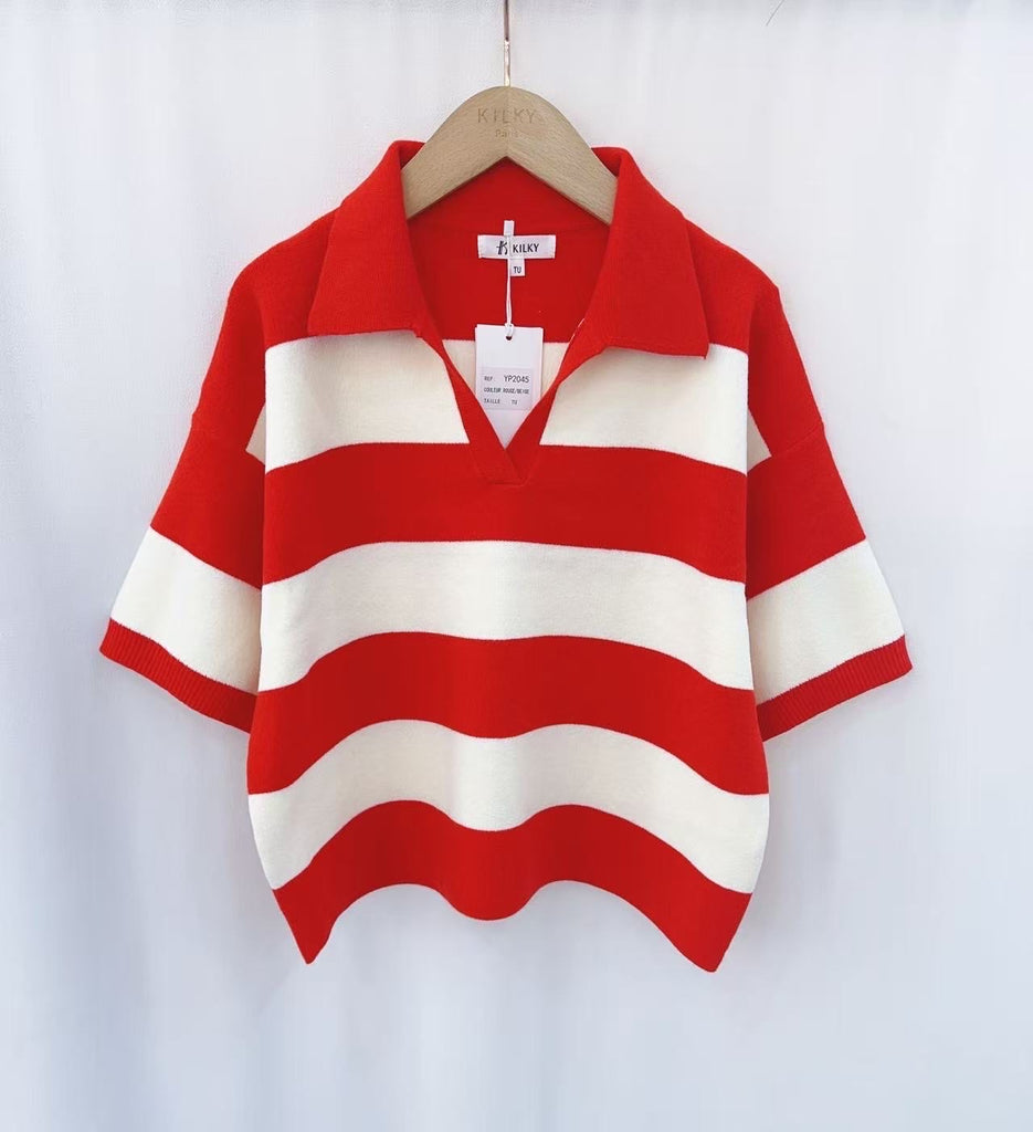 Red Cream Short Sleeve Rugby Fine Knit