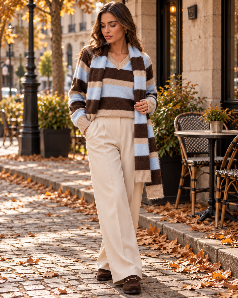 Autumn Stripe V-Neck Sweater & Scarf
