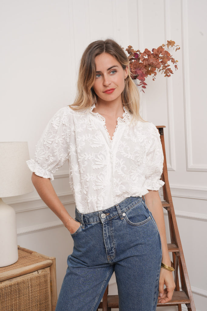 White Embroidered Cotton Blouse