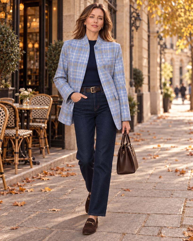 Blue & Lemon Tailored Checked Blazer with Mandarin Collar £74