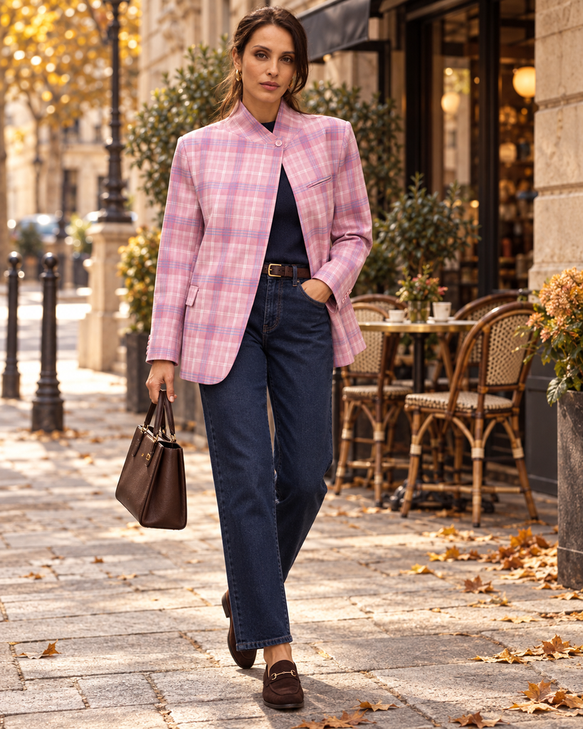 Rose Tailored jacket in contrasting checks with a folded mandarin collar £74