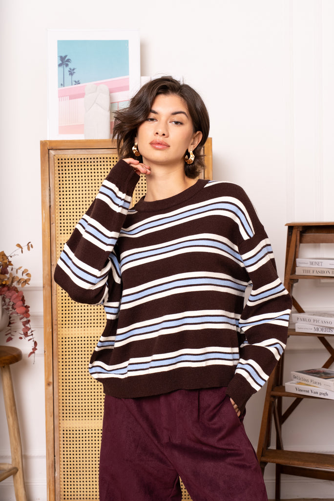 Brown Blue Striped Crewneck