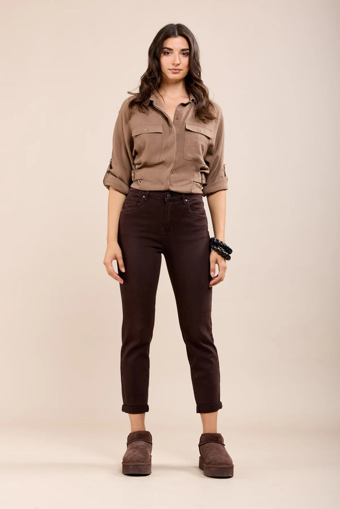 TOXIK3 DARK BROWN JEAN BOYFRIEND STRETCH WITH MINIMALIST FINISH