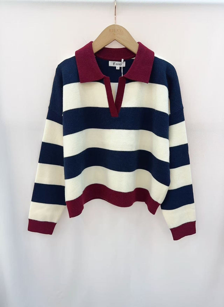 Navy & Burgundy Striped Collared Knit