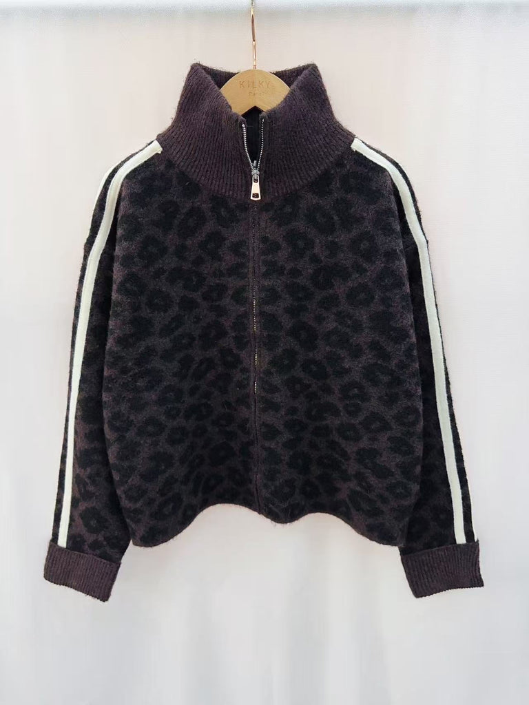 Deep Chocolate Animal Print Zip Up Sweater
