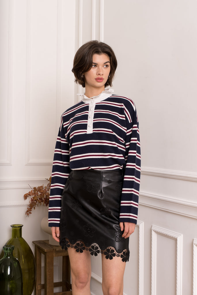 Navy & Burgundy Ruffle Collar Rugby Sweatshirt