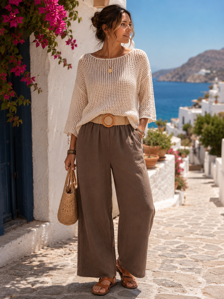 Dark Brown Cotton/Linen Wide-Leg Pants: Dark brown