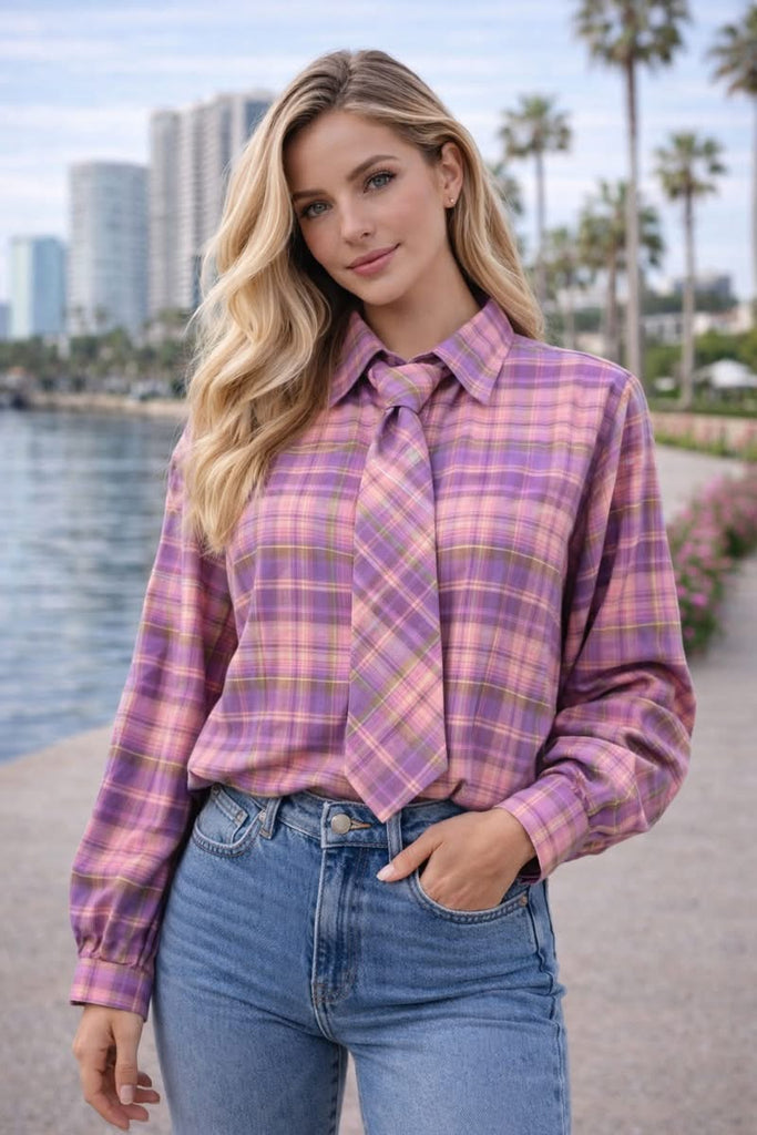 Lilac & Pink Printed Check Shirt & Tie