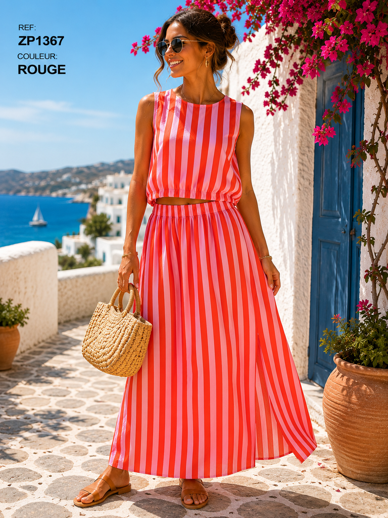 Red/Pink Stripe CoArd Skirt Set