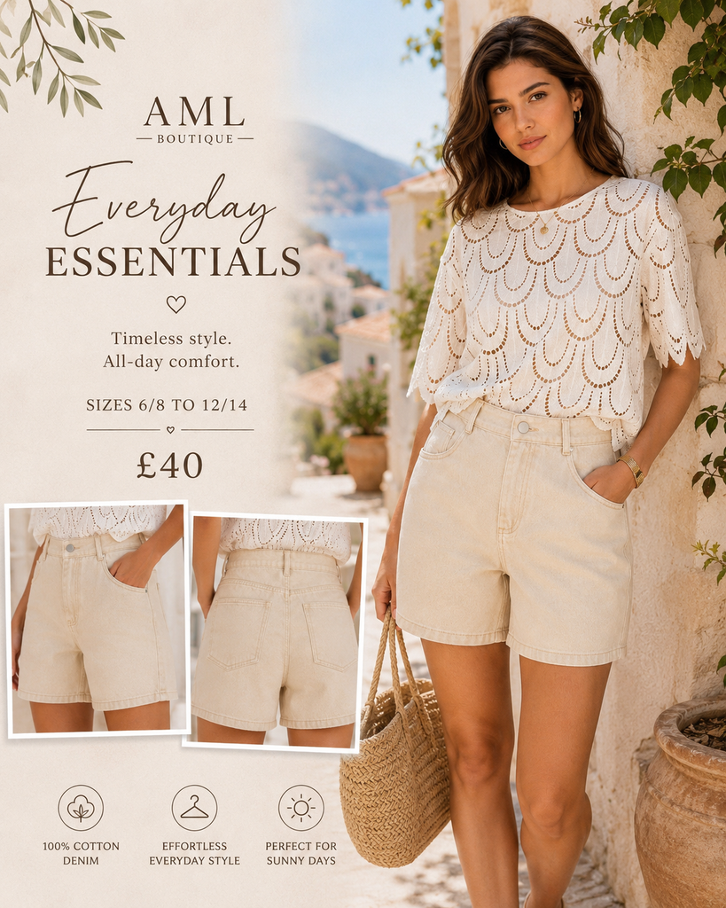 Beige Cotton Denim Shorts