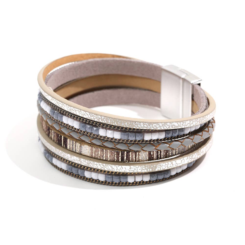 Grey Bohemian Hand-woven Magnetic Buckle Leather Bracelet