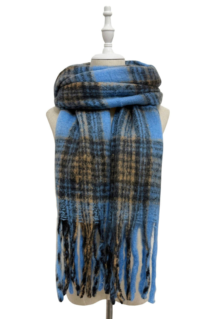 Large Tartan Check Wool Cosy Tassel Scarf: Blue
