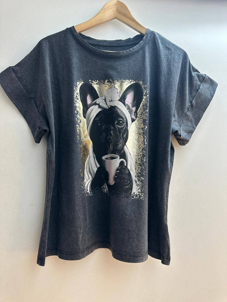 Frenchie Printed Faded T-shirt: Black / One size