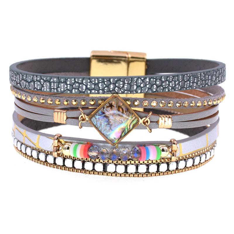 Grey Abalone Charm Glass Beaded Multi-Layer Leather Bracelet - LB: