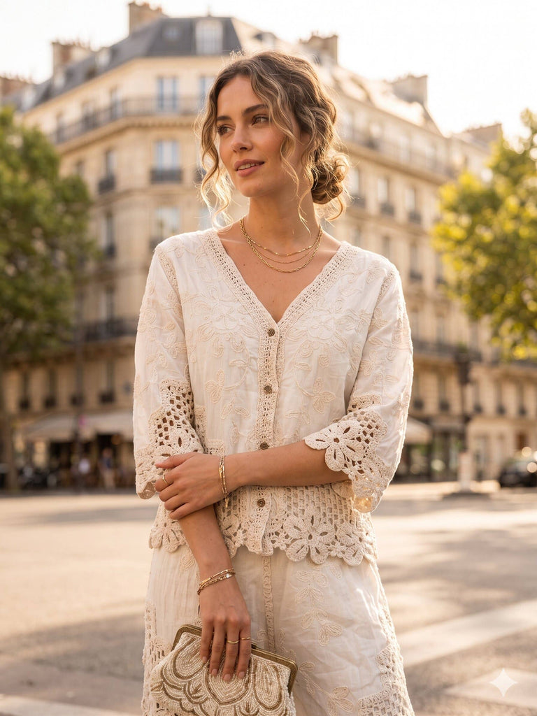 Riona Lace Blouse Cardigan with openwork trim: Beige