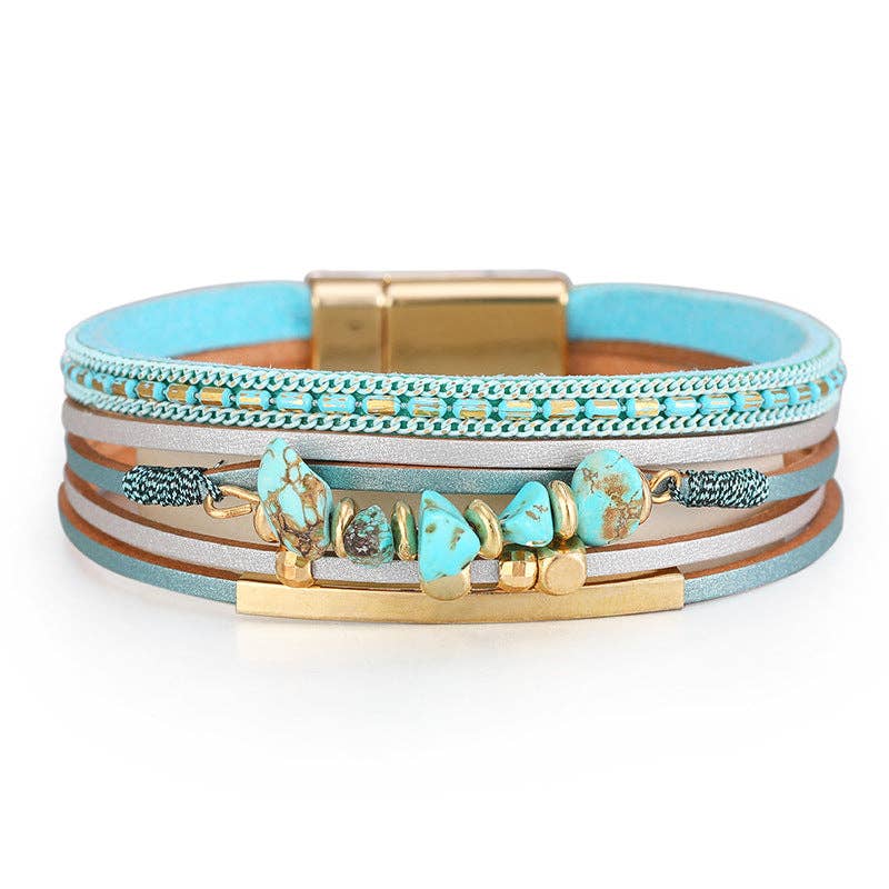Turquoise Blue Bohemian Natural Gravel & Leather WovenBracelet - BJ/LB: 4