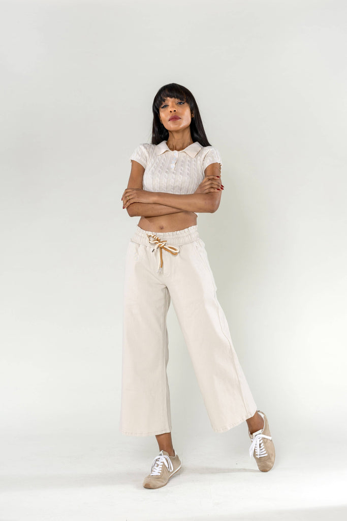 Beige Elasticated Waist Wide Leg Jogger Pants Nina Carter