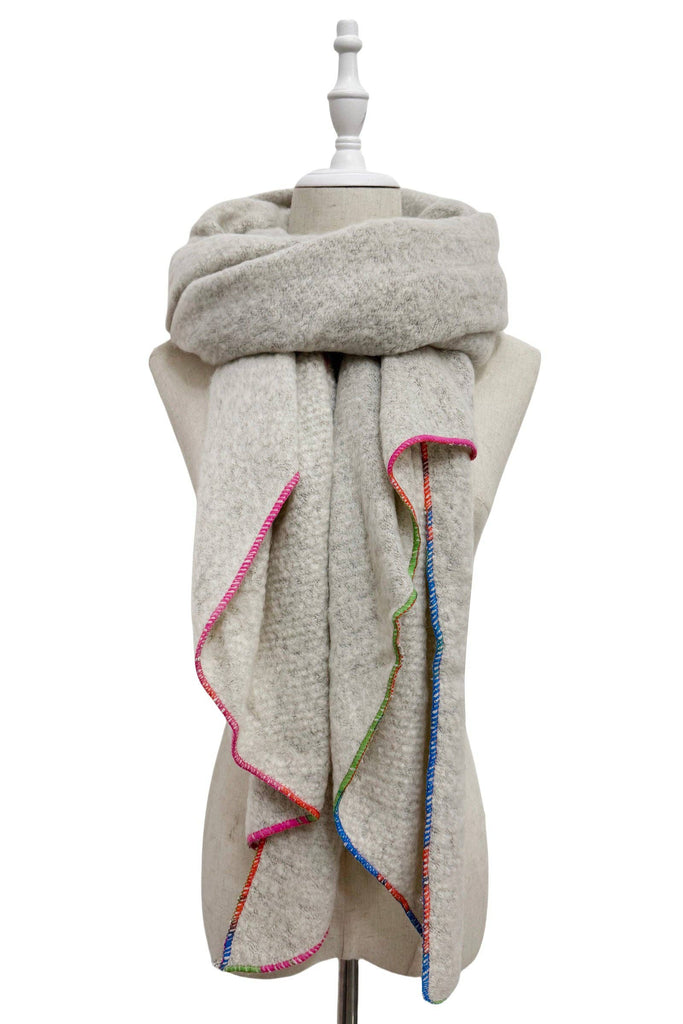Plain Contrast Stitch Wool Diagonal Edge Scarf: Beige