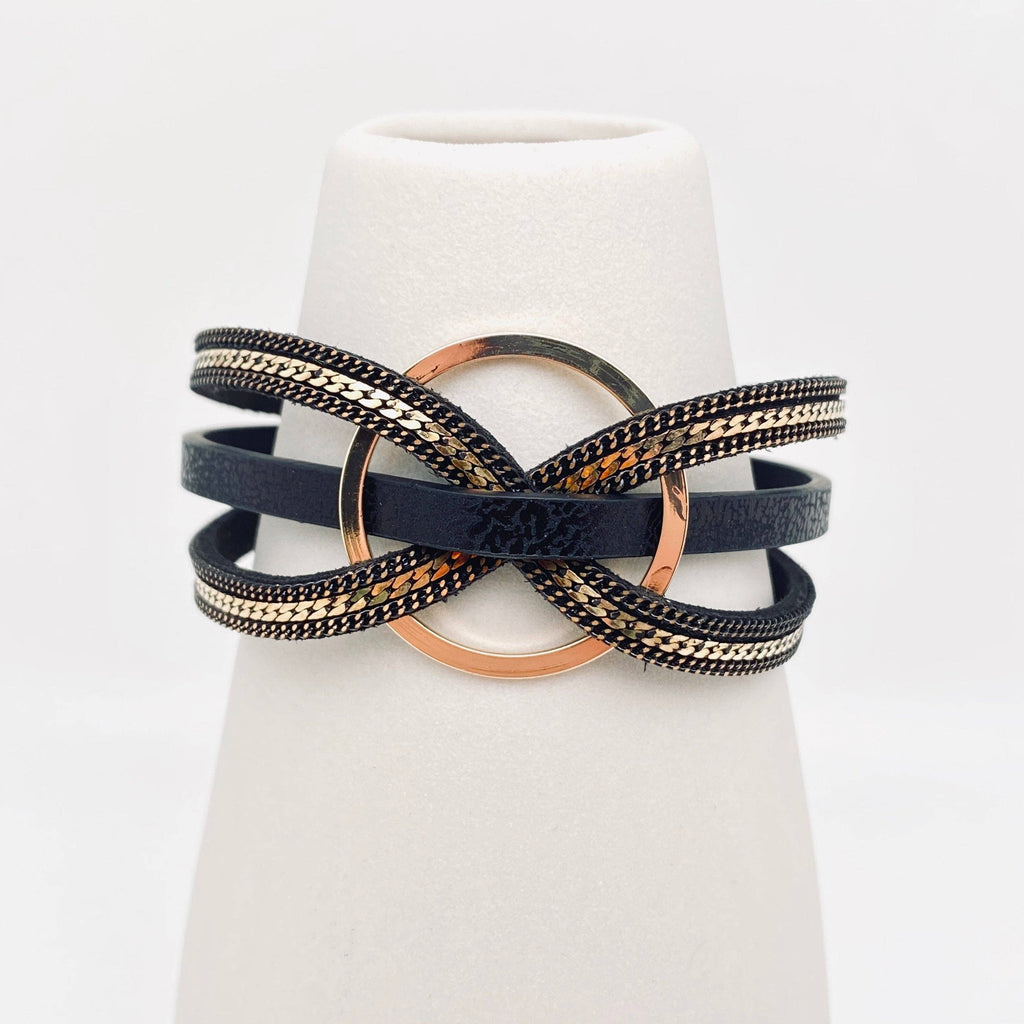 Black Magnetic Buckle Ring Charm Leather Bangle Bracelet