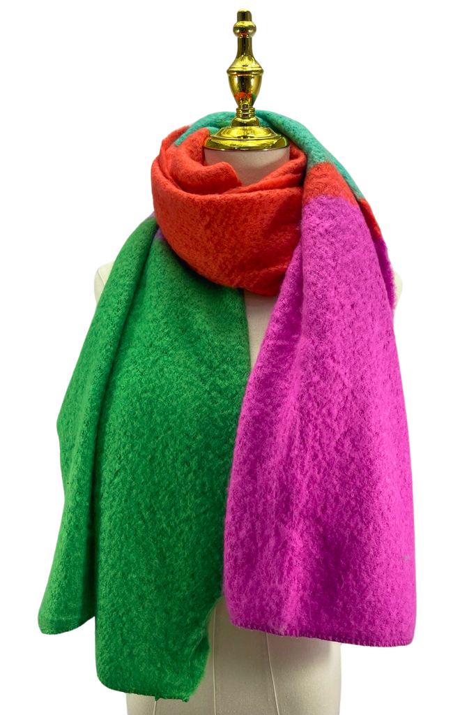 Block Colour Diagonal Edge Wool Scarf: Hot Pink/Green