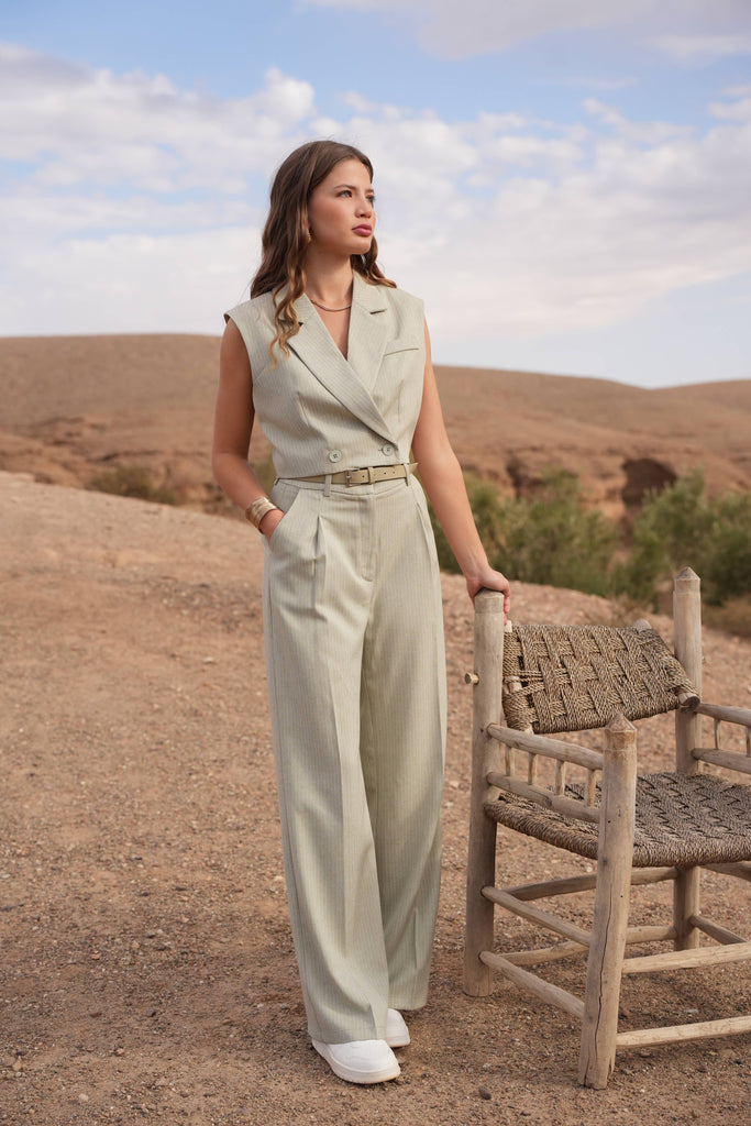 Striped High Waisted Trousers Sage Green