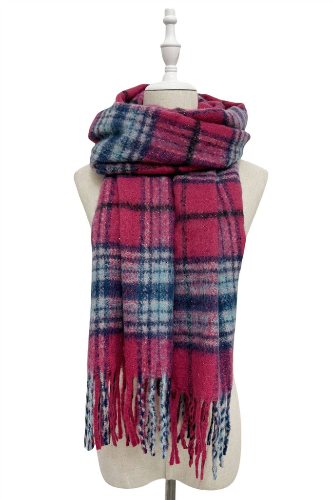 Silver Glitter Check Tassel Scarf: Fuchsia Pink
