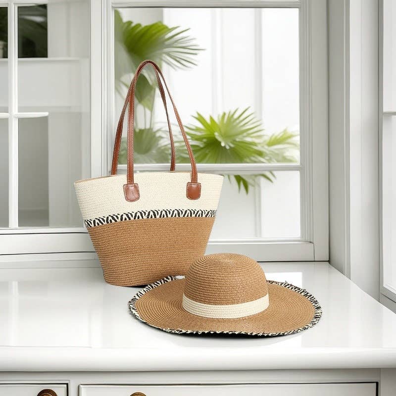 Taupe Medium Size Straw Basket Bag + Hat -Set of 2