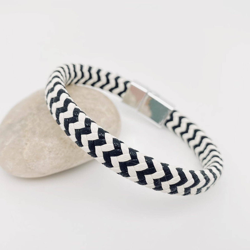 Leather Woven Bracelet with Magnetic Buckle - White and black