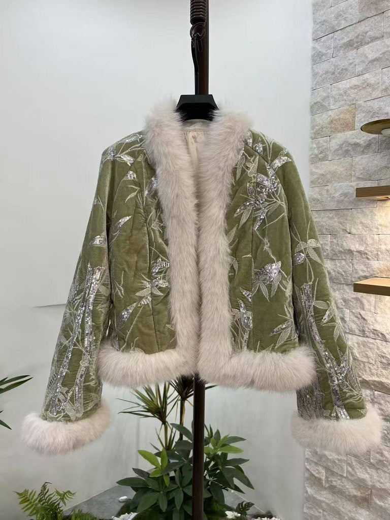 Velvet Swan Jacket with Embroidery Leaves Detail Green