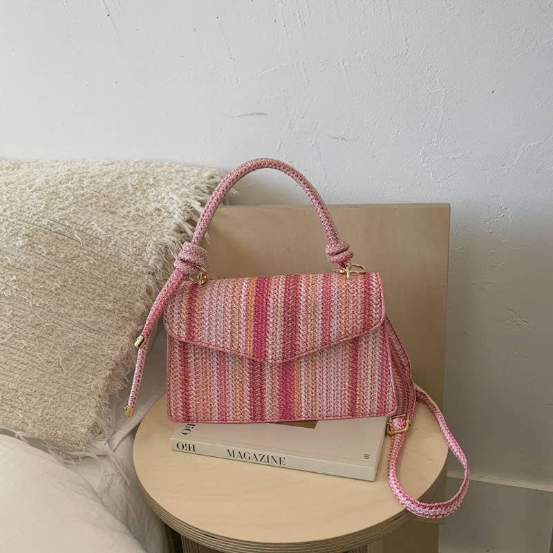 Pink Small PVC Straw Multicolour Striped Top Handle Bag