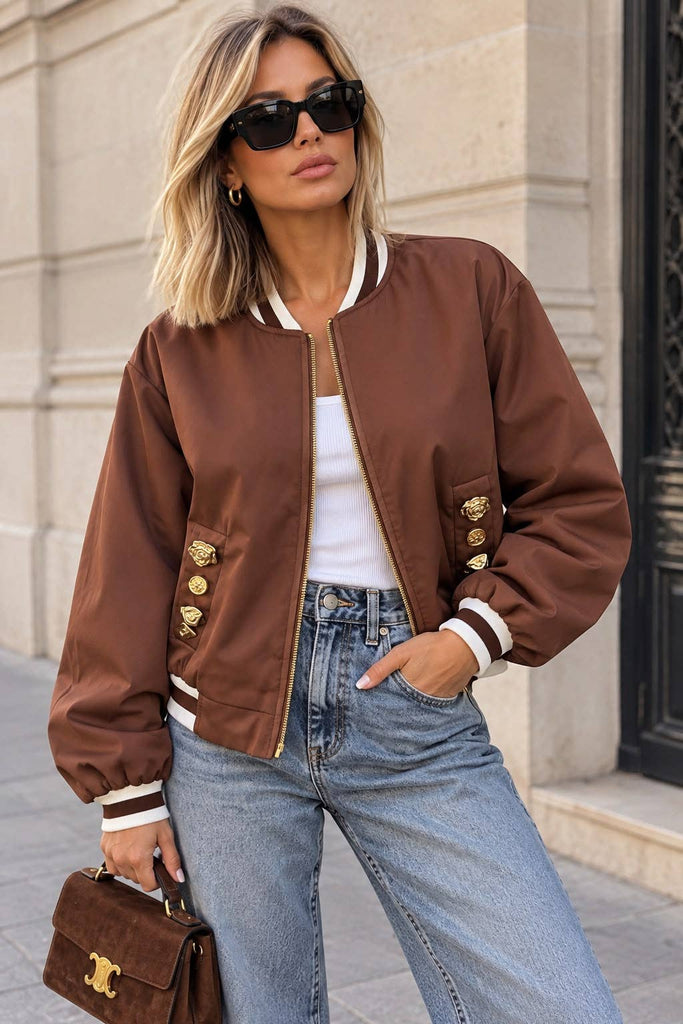 Women's Chic Bomber with Gold Accents – Trendy Cut: Brown