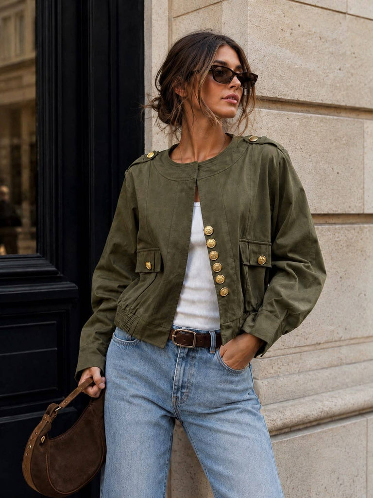Khaki Women's officer-style jacket – gold buttons, epaulettes & elasticated waist