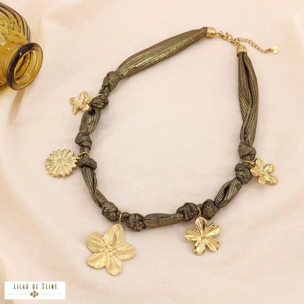 Antique Brown Scarf necklace with tied fabric charms Brown / Stainless steel
