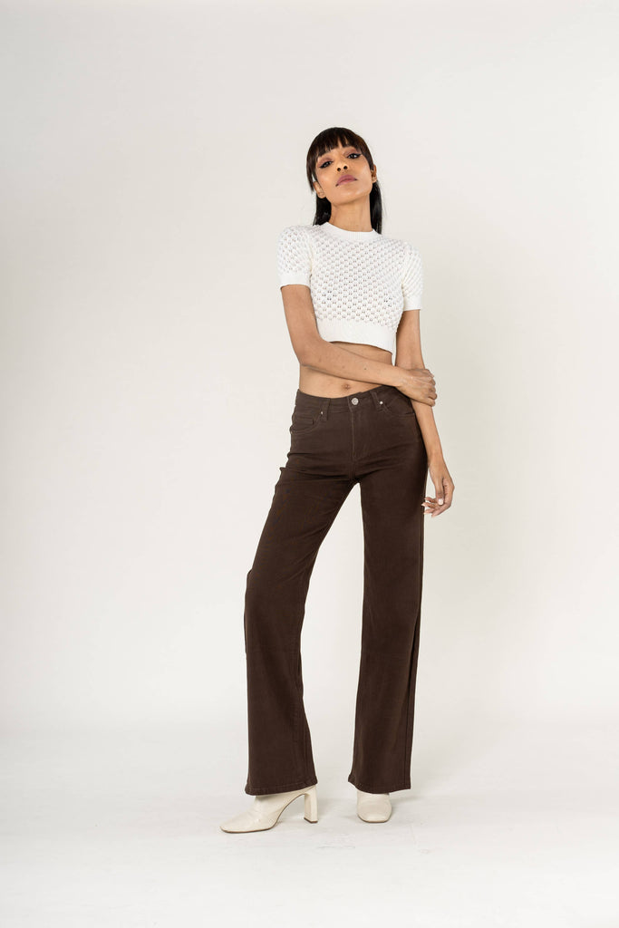 Dark Brown Flare High Waisted Stretch Wide Leg Jeans P080