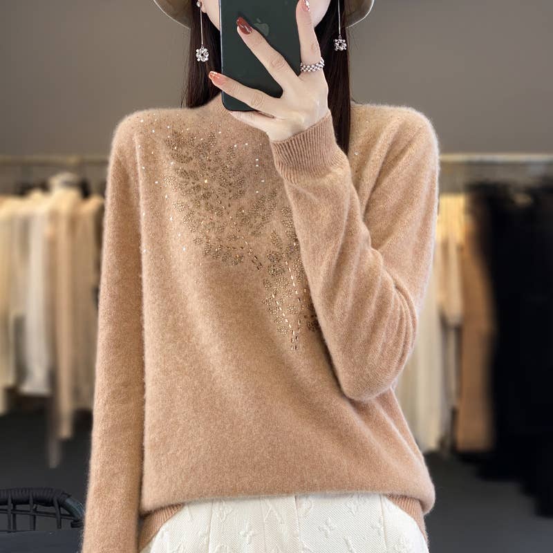 Camel Crystals Embellished Soft Cashmere Sweater - AML Boutique NI