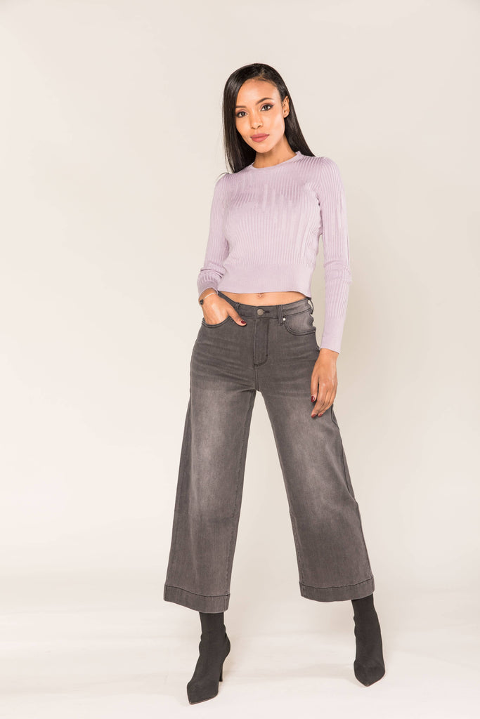 Grey Petite Flare Wide  7/8 high waist denim jeans